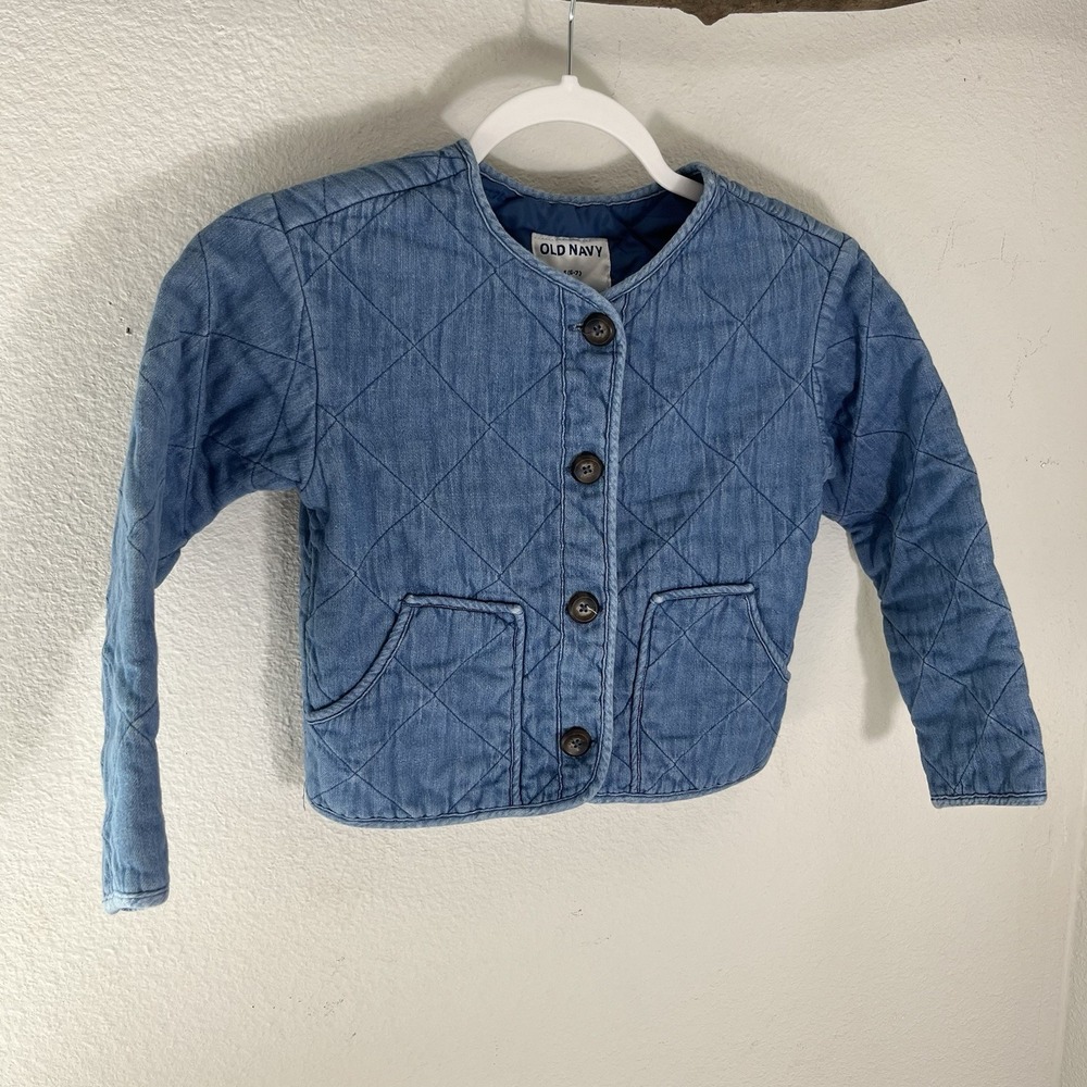 Old Navy Jacket Girls Small 6 7 Blue Denim Diamond Quilted Button Up Collarless